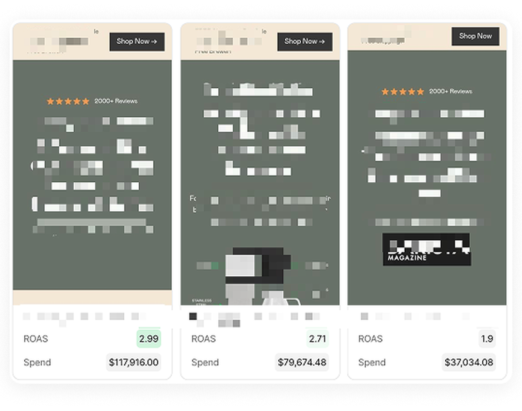 Three landing pages showing ROAS of 2.99, 2.71 and 1.9