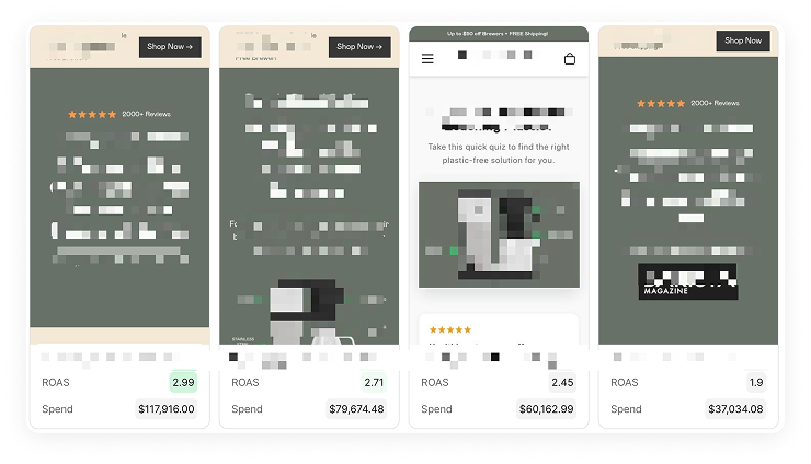Four landing pages showing ROAS from 1.9x to 2.99x