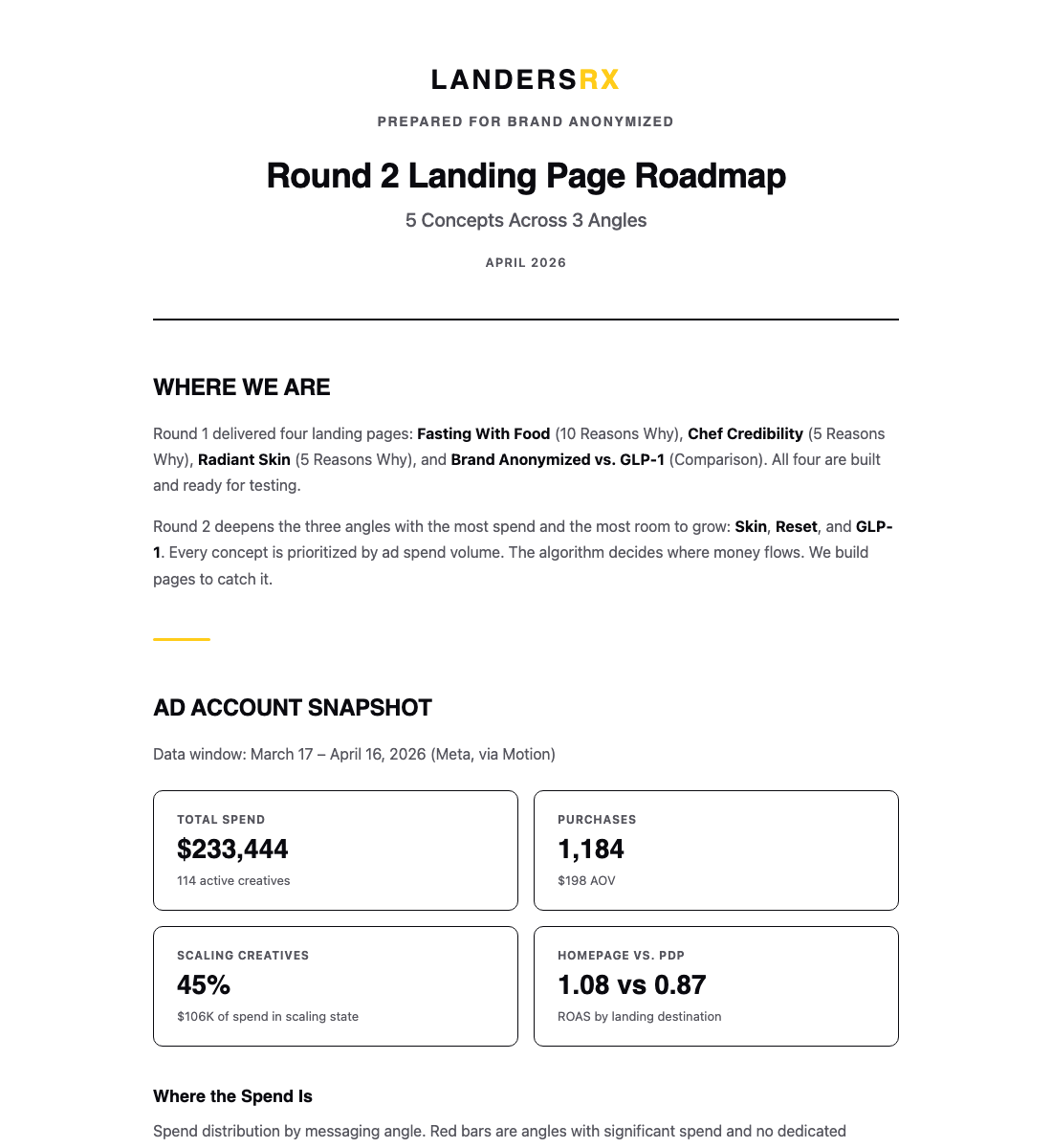 Top of an actual LandersRX Landing Page Roadmap deliverable, brand anonymized