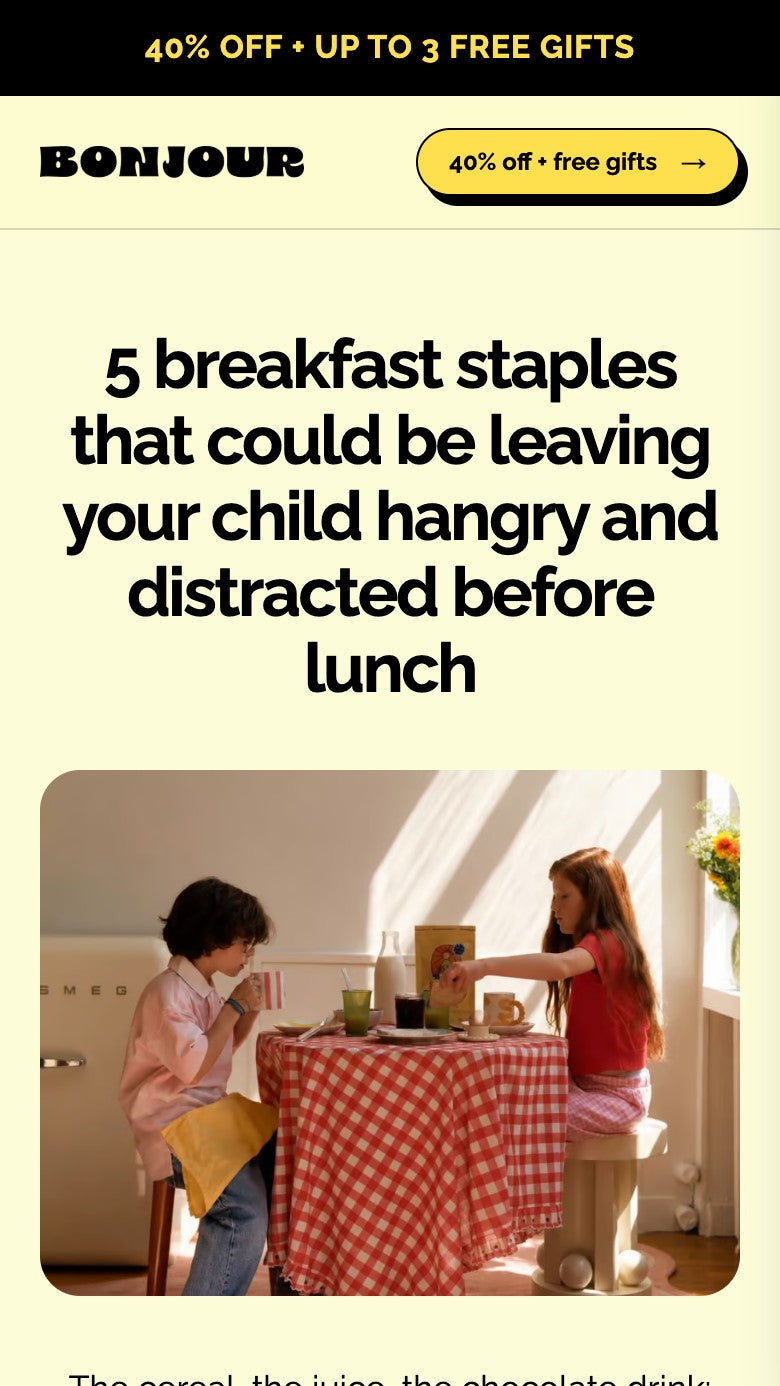 The Bonjour landing page built by LandersRX, headed 5 breakfast staples that could be leaving your child hangry and distracted before lunch