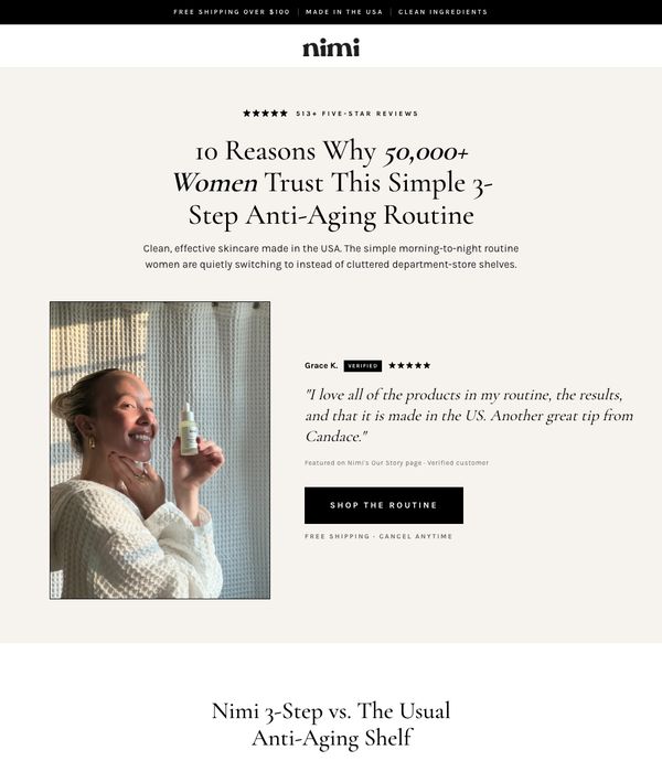 Nimi Skincare landing page