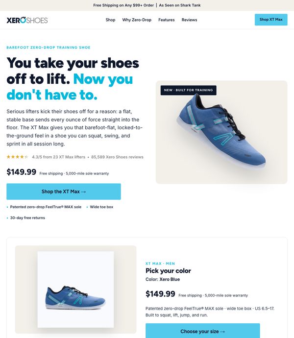 Xero Shoes landing page